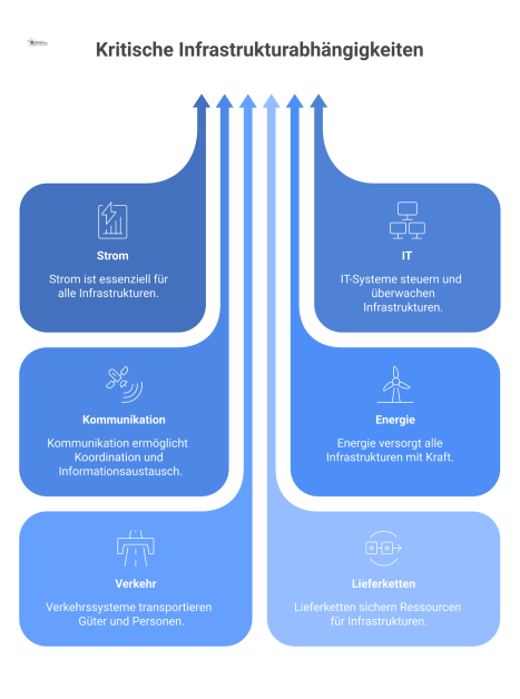 Ein Netzwerkdiagramm der gegenseitigen Abhängigkeiten kritischer Infrastrukturen, das zeigt, wie externe Störungen wie Cyberangriffe das fragile System bedrohen.