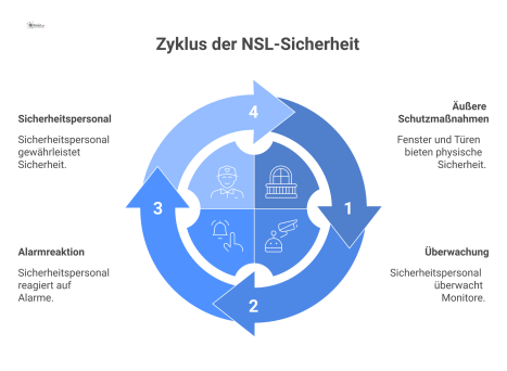 Technisches Diagramm im Querschnitt einer hochsicheren Alarmempfangszentrale mit gepanzerten Fenstern, Stahltür, Außenbeleuchtung und Sicherheitspersonal an Monitoren. 