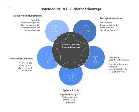  Strukturschaubild, das ein zentrales Datenschutz- und IT-Sicherheitskonzept umgeben von den fünf Kernbereichen Konzeptdokumentation, Personal, Systeme, Nachweise und AVV zeigt. 