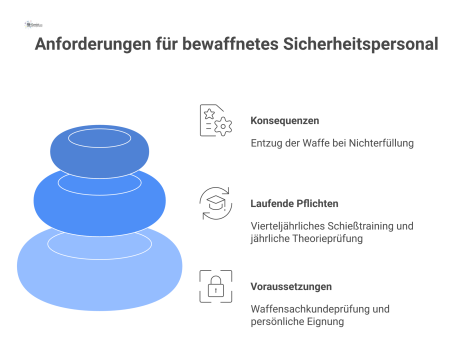 Infografik zu den Anforderungen für bewaffnetes Sicherheitspersonal, aufgeteilt in Voraussetzungen, laufende Pflichten wie Schießtraining und Konsequenzen bei Nichterfüllung. 