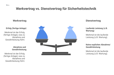 Diagramm, das Werkvertrag, Dienstvertrag und Mischvertrag gegenüberstellt, deren Merkmale Erfolg, laufende Leistung und rechtliche Einordnung vergleicht. 