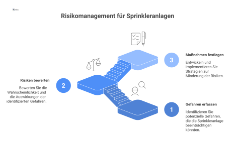 Flussdiagramm des Risikomanagementprozesses für Sprinkleranlagen nach ISO 31000 mit den drei Stufen: Gefahren erfassen, Risiken bewerten, Maßnahmen festlegen. 