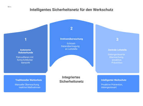 Ein Roboterhund patrouilliert nachts auf einem Werksgelände und ist in Echtzeit mit einer Drohne und einer Leitstelle vernetzt.