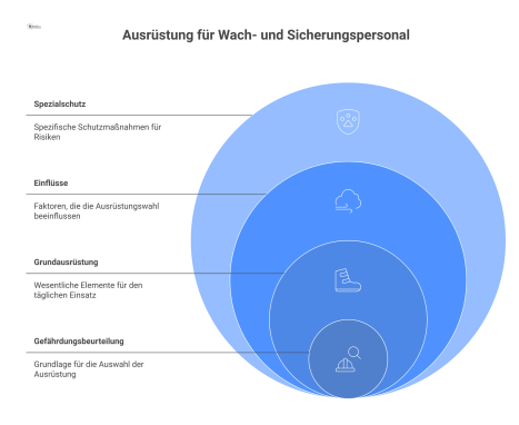  Infografik zur Ausrüstung für Sicherheitspersonal, unterteilt in Grundausrüstung, Einflüsse wie Wetter und Spezialschutz basierend auf der Gefährdungsbeurteilung. 