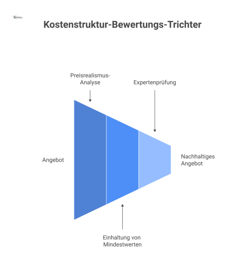 Flussdiagramm, das die Bewertung einer Kostenstruktur in drei Filtern zeigt: Preisrealismus, Einhaltung von Mindestwerten und abschließende Expertenprüfung.