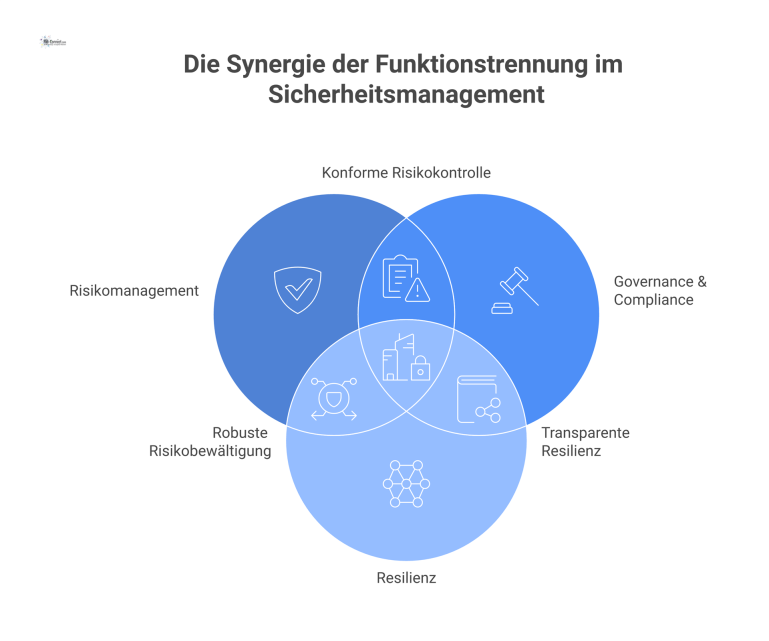 Positive Auswirkungen der Funktionstrennung Infografik, die zentral die Funktionstrennung zeigt, verbunden mit den vier positiven Auswirkungen Risikomanagement, Governance, Resilienz und Wirtschaftlichkeit.