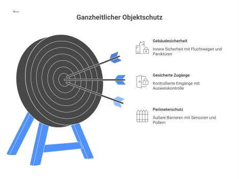 Diagramm mit drei konzentrischen Kreisen, die die Schutzzonen eines Objektschutzes mit Perimeterschutz, gesicherten Zugängen und Gebäudesicherheit darstellen
