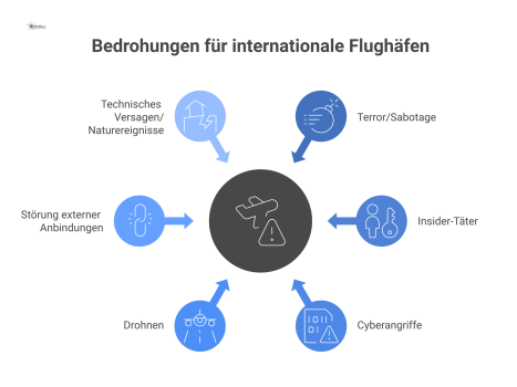 Mindmap mit einem internationalen Flughafen im Zentrum, von dem sechs Hauptäste für Bedrohungen wie Terror, Cyberangriffe und Drohnen ausgehen. 