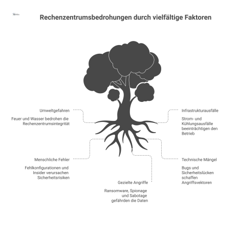  Mindmap mit dem zentralen Thema 'Industrielles Rechenzentrum' und den fünf Hauptzweigen: Umweltgefahren, Infrastrukturausfälle, Menschliche Fehler, Technische Mängel und Gezielte Angriffe. 