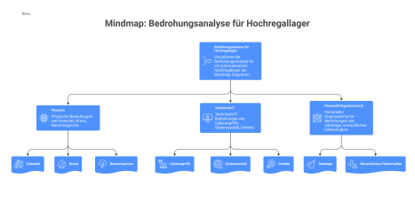 Mindmap zur Bedrohungsanalyse eines Hochregallagers mit den drei Hauptzweigen physisch, technisch/IT und personell/organisatorisch sowie deren Unterpunkten