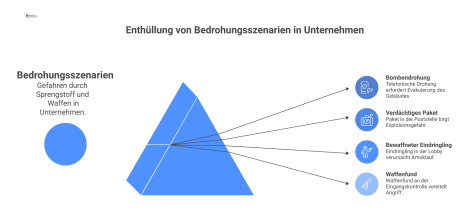 Infografik zu vier Bedrohungsszenarien in Unternehmen: Bombendrohung, verdächtiges Paket, bewaffneter Eindringling und Waffenfund mit zugehörigen Risiken.