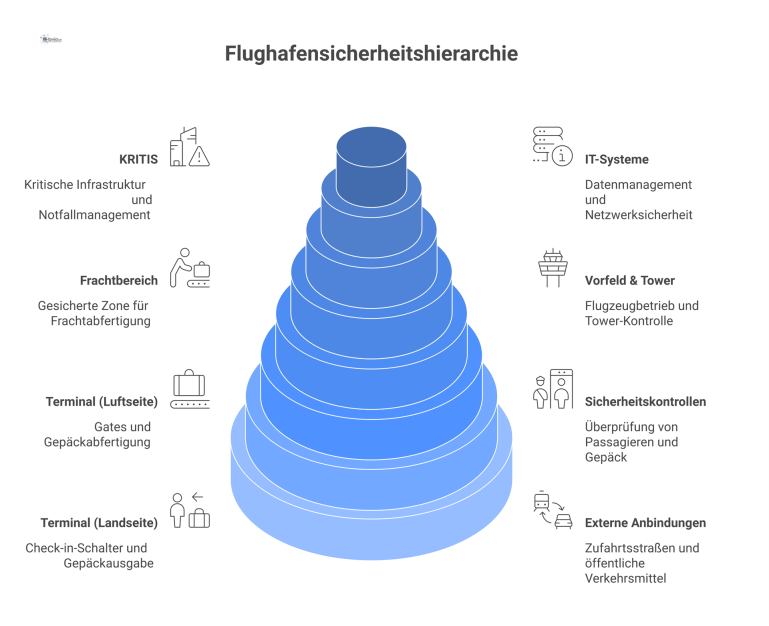 Schichtenmodell der Flughafensicherheit Ein Schichtenmodell der Flughafensicherheit, das die Zonen von außen nach innen zeigt: Externe Anbindungen, Terminal, Sicherheitskontrollen, Luftseite und Kern.