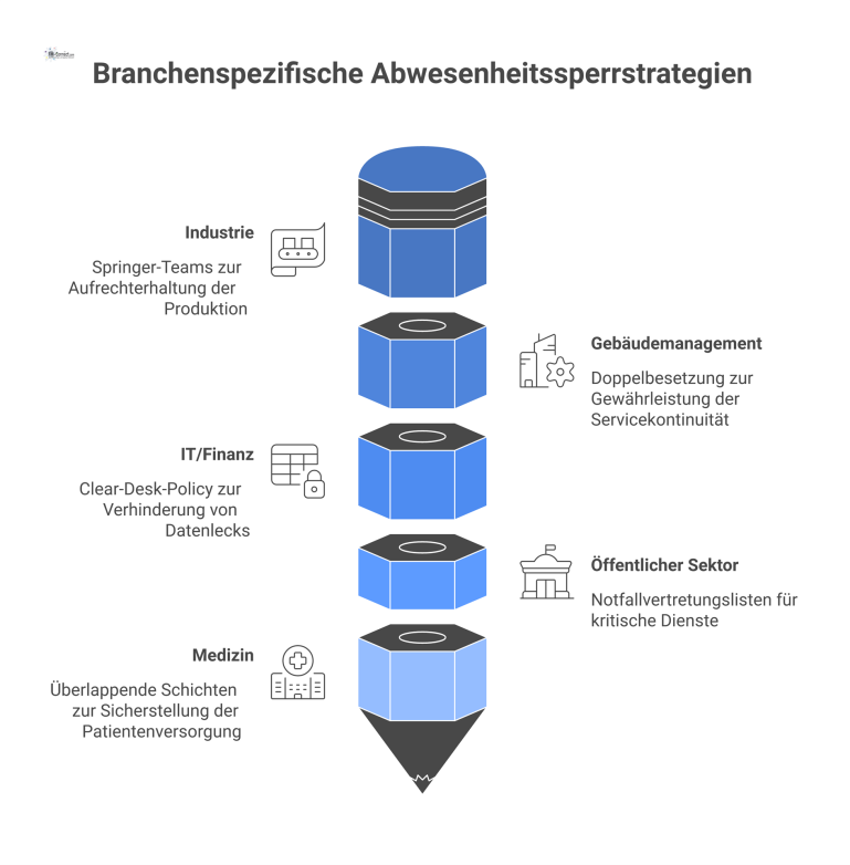 Ein Hub-and-Spoke-Diagramm über Best Practices der Abwesenheitssperre, unterteilt in fünf Branchen mit jeweils einer spezifischen Kernmaßnahme.