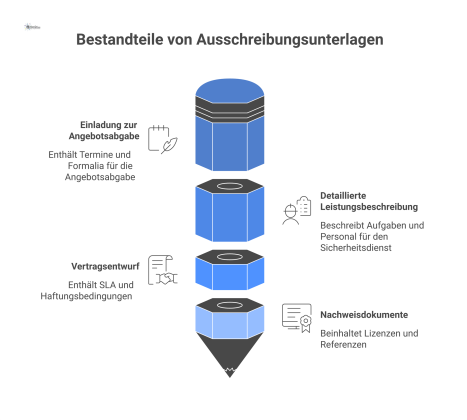 Infografik mit Icons der vier Hauptbestandteile von Ausschreibungsunterlagen: Einladung, Leistungsbeschreibung, Vertragsentwurf und Nachweisdokumente für Sicherheitsdienste.