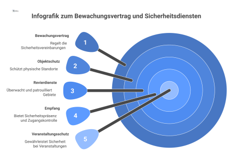  Infografik die den zentralen Bewachungsvertrag mit Verbindungen zu Sicherheitsdiensten wie Objektschutz und den vertraglichen Grundlagen DIN 77200 zeigt. 