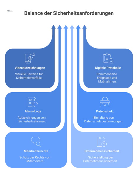 Infografik zum Prozess der Beweissicherung, der Daten sammelt und dabei Datenschutz, Mitarbeiterrechte und die Sicherheit des Unternehmens ausbalanciert.