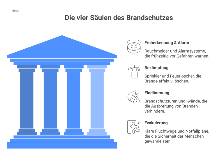 Die vier Säulen des Brandschutzes Infografik der vier Säulen des Brandschutzes: Früherkennung, Bekämpfung, Eindämmung und Evakuierung, dargestellt durch entsprechende Icons und Verbindungslinien.