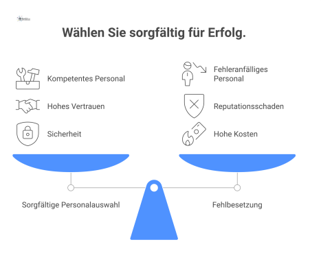 Infografik, die die positiven Folgen sorgfältiger Personalauswahl den negativen Konsequenzen einer Fehlbesetzung wie hohen Kosten und Reputationsschaden gegenüberstellt. 