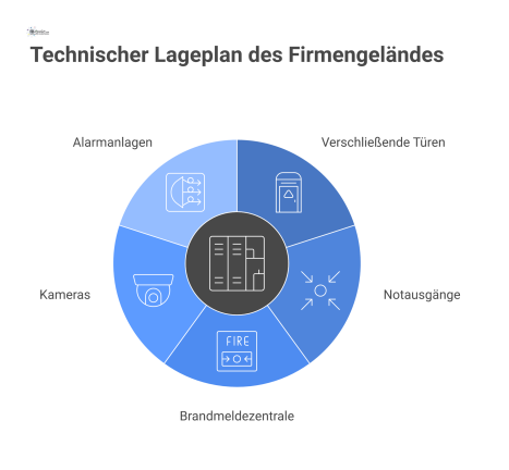 Ein technischer Lageplan eines Firmengeländes, der verschließbare Türen, Notausgänge, Kameras, Alarmanlagen und die Brandmeldezentrale zeigt.