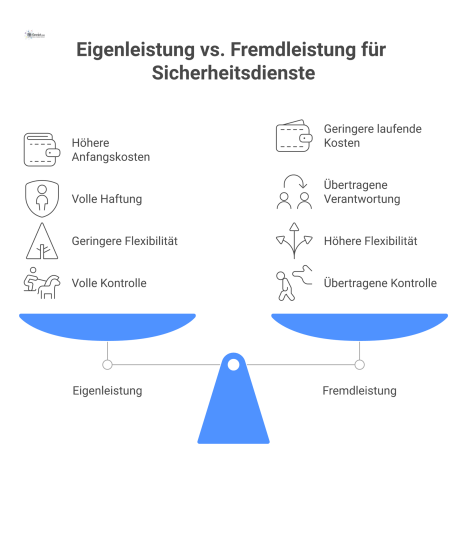Infografik, die Eigenleistung und Fremdleistung für Sicherheitsdienste anhand der Kriterien Kosten, Haftung, Flexibilität und Kontrolle gegenüberstellt