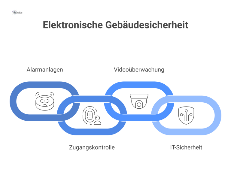 Infografik Elektronische Gebäudesicherheit Infografik zur elektronischen Gebäudesicherheit mit den vier vernetzten Elementen: Alarmanlagen, Zugangskontrolle, Videoüberwachung und IT-Sicherheit.