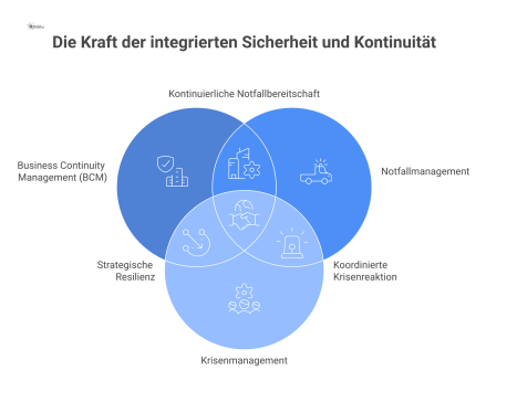 Diagramm, das das ganzheitliche Sicherheits- & Kontinuitätsmanagement als Gesamtkonzept zeigt, welches die drei Säulen BCM, Notfall- und Krisenmanagement integriert. 