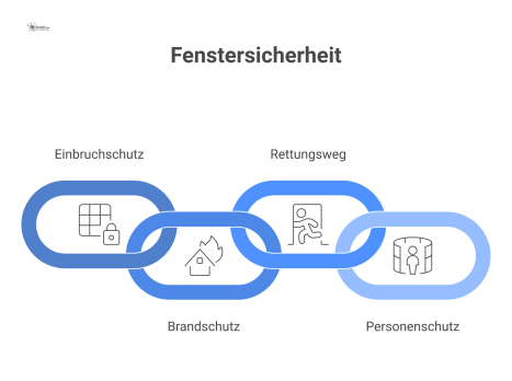 Eine Mindmap, die das zentrale Thema Fenstersicherheit mit den vier Hauptästen Einbruchschutz, Brandschutz, Rettungsweg und Personenschutz darstellt. 