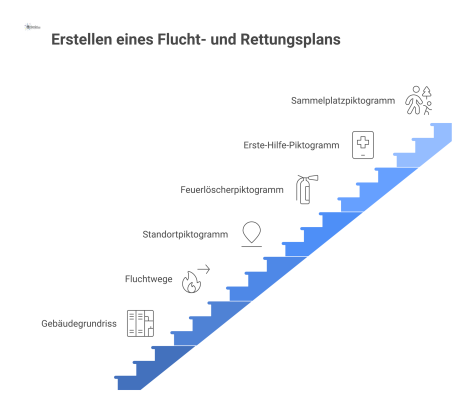 Infografik eines Flucht- und Rettungsplans, der einen Grundriss mit grünen Fluchtwegen und Piktogrammen für Standort, Feuerlöscher und Sammelplatz zeigt.