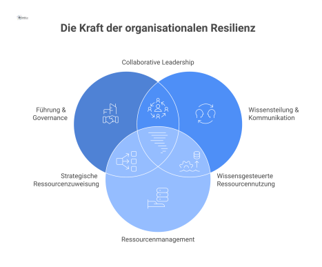 Infografik, die organisationale Resilienz zeigt, gestützt auf die drei Säulen Führung, Wissensteilung und Ressourcenmanagement zur Vermeidung von Ausfällen. 