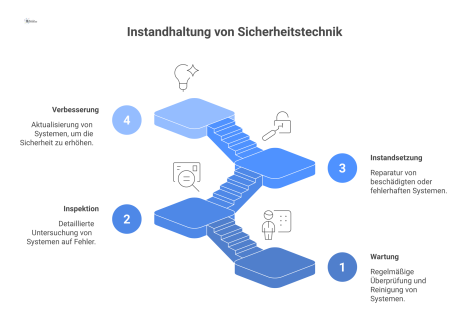 Infografik zu den vier Instandhaltungsmaßnahmen nach DIN 31051, angewendet auf Sicherheitstechnik wie Brandmeldeanlagen, Zutrittskontrolle und Videoüberwachung.
