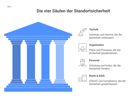 Infografik der vier Säulen der Standortsicherheit: Technik, Organisation, Personal und Recht & Ethik tragen ein schützendes Dach.