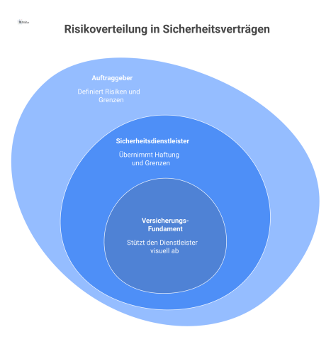 Infografik zur Risikoverteilung in Sicherheitsverträgen, die Haftung, Grenzen und Versicherung zwischen Auftraggeber und Sicherheitsdienstleister darstellt.