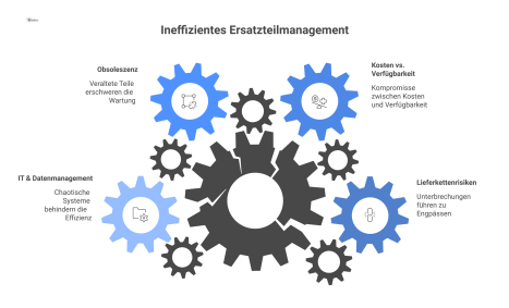 Infografik zu den vier Herausforderungen im Ersatzteilmanagement: Lieferkettenrisiken, Kosten vs. Verfügbarkeit, Obsoleszenz und IT & Datenmanagement.