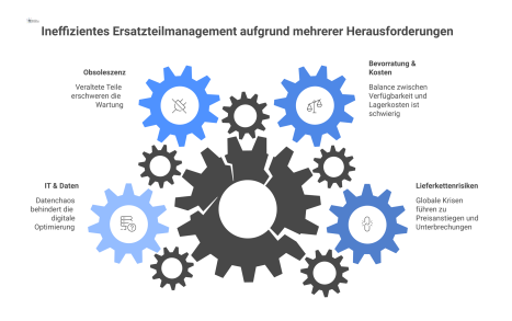 Mindmap zu Herausforderungen im Ersatzteilmanagement mit vier Hauptbereichen: Lieferkettenrisiken, Bevorratung & Kosten, Obsoleszenz sowie IT & Daten. 