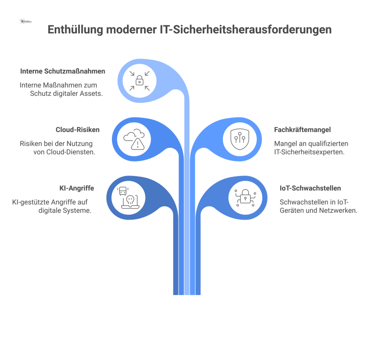 Infografik eines digitalen Unternehmens, das von externen Bedrohungen wie KI-Angriffen bedroht und durch interne Schutzmaßnahmen wie KPIs geschützt wird.
