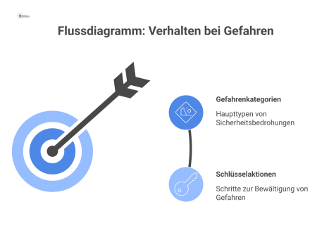 Flussdiagramm für Sicherheitspersonal zum richtigen Verhalten bei Straftat, Drohanruf und verdächtigem Gegenstand mit Piktogrammen für Schlüsselaktionen.