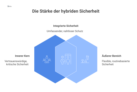 Diagramm eines hybriden Sicherheitsmodells mit einem zentralen Inhouse-Kernteam, das von einem Ring aus externen Dienstleistern für Routineaufgaben umgeben ist.