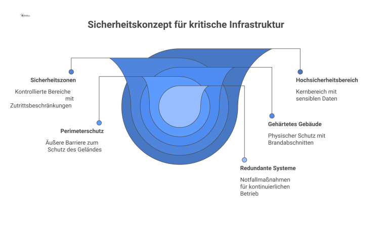 Ein Zwiebeldiagramm zeigt das Sicherheitskonzept einer kritischen Infrastruktur mit mehreren Schichten von Perimeterschutz, Gebäude, Sicherheitszonen bis zum Serverraum.