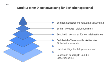 Infografik-Diagramm, das die Struktur einer Dienstanweisung für Sicherheitspersonal mit seinen sechs aufeinanderfolgenden Abschnitten wie Aufgaben und Notfallhandlungen zeigt.