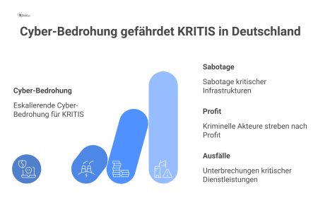 Infografik zur Cyber-Bedrohung für KRITIS, mit Hauptakteuren, Angriffsvektoren, betroffenen Sektoren und der Statistik von 726 Vorfällen.