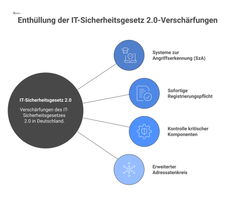  Infografik zu den vier Hauptpflichten des IT-Sicherheitsgesetzes 2.0 für KRITIS-Betreiber: Angriffserkennung, Registrierungspflicht, Kontrolle kritischer Komponenten und erweiterter Adressatenkreis. 