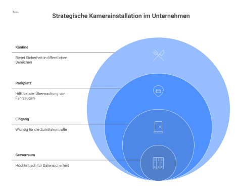 Infografik zur strategischen Kamerainstallation in einem Unternehmen mit vier Zonen, die nach Kritikalität geordnet und mit Sicherheits- und Datenschutzhinweisen versehen sind.