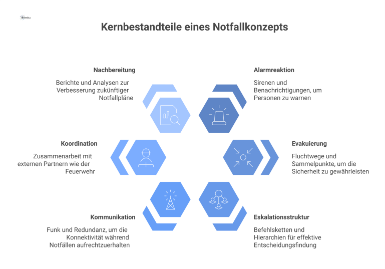 Die Kernbestandteile eines Notfallkonzepts Mindmap mit den sechs Kernbestandteilen eines Notfallkonzepts: Alarmreaktion, Evakuierung, Eskalation, Kommunikation, Koordination und Nachbereitung, die von einem zentralen Punkt ausgehen.