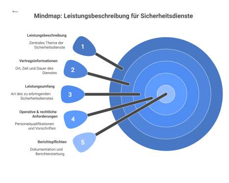 Eine Mindmap, die die Kernelemente einer Leistungsbeschreibung für Sicherheitsdienste darstellt, mit Ästen für Vertragsinformationen, Leistungsumfang und Anforderungen.