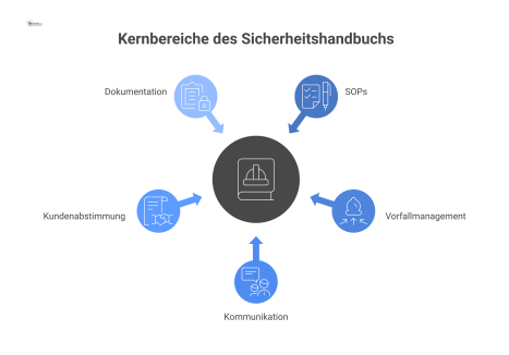 Infografik eines Sicherheitshandbuchs mit einem zentralen Icon, das mit fünf Kernbereichen wie SOPs, Vorfallmanagement und Kommunikation verbunden ist. 