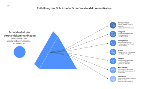 Infografik, die den Schutzbedarf von Vorstandskommunikation anhand der drei Schutzziele Vertraulichkeit, Integrität und Verfügbarkeit für diverse Kommunikationsmittel visualisiert.