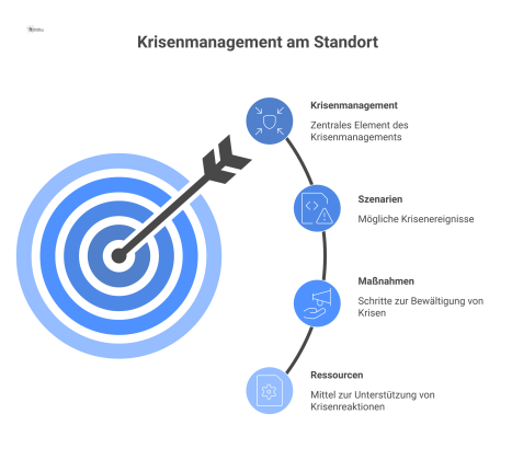 Infografik, die das Krisenmanagement in die drei Hauptbereiche Szenarien, Maßnahmen und Ressourcen mit jeweiligen Beispielen unterteilt.