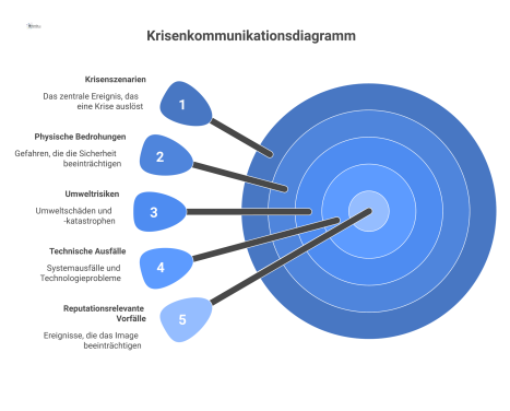 Ein Diagramm, das den Kommunikationsfluss bei Krisenszenarien zeigt, unterteilt in vier Kategorien mit relevanten Parteien wie Polizei und Management.