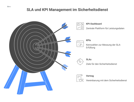 Infografik zeigt den Prozess vom Vertrag zu SLAs und KPIs, die in einem zentralen Dashboard zur Leistungssteuerung zusammenlaufen. 