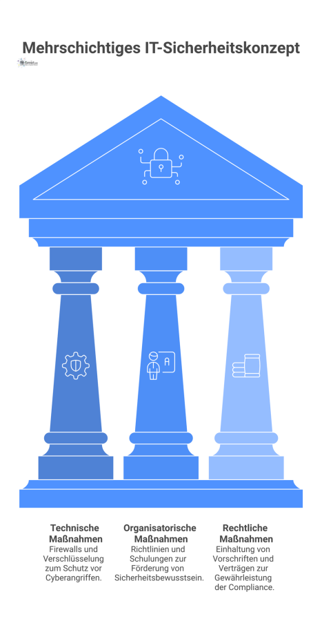 Diagramm des 'Defense in Depth'-Konzepts mit schützenswerten Assets im Zentrum, umgeben von technischen, organisatorischen und rechtlichen Schutzringen.